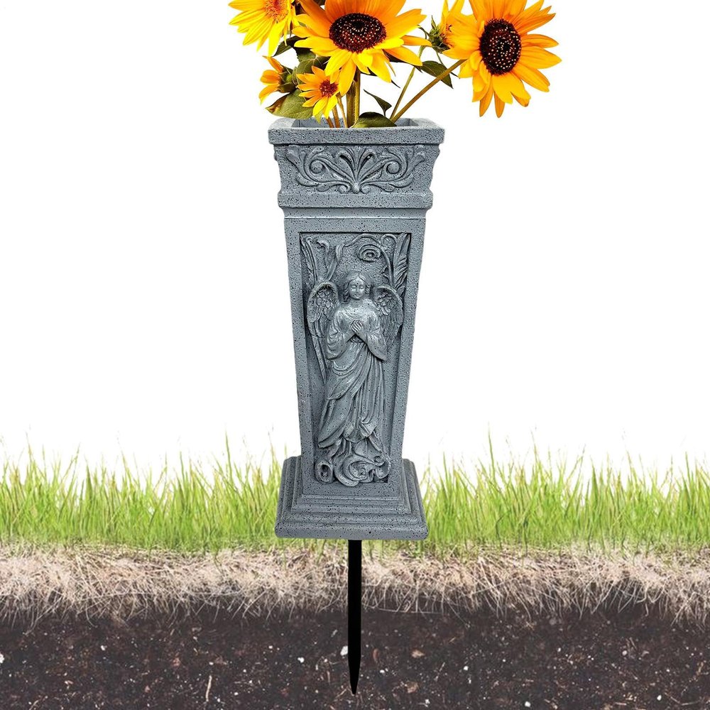 Cemetery Grave Vase with Angel Carving, Weather-Resistant, with Ground Spike