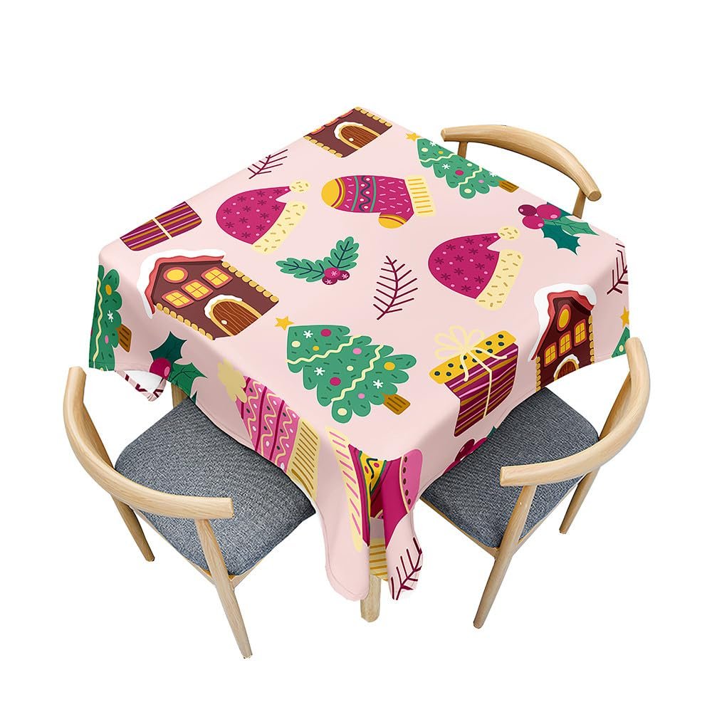 Treer Merry Christmas Print Washable Tablecloth, Pink, 150 x 150 cm