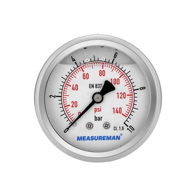 Glycerin-Filled Pressure Gauge, 63 mm Dial, 0–10 bar, 304 Stainless Steel Case, G1/4 Rear Connection