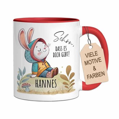 Personalized Kids' Ceramic Mug with Name, Retro Rabbit Design, Red