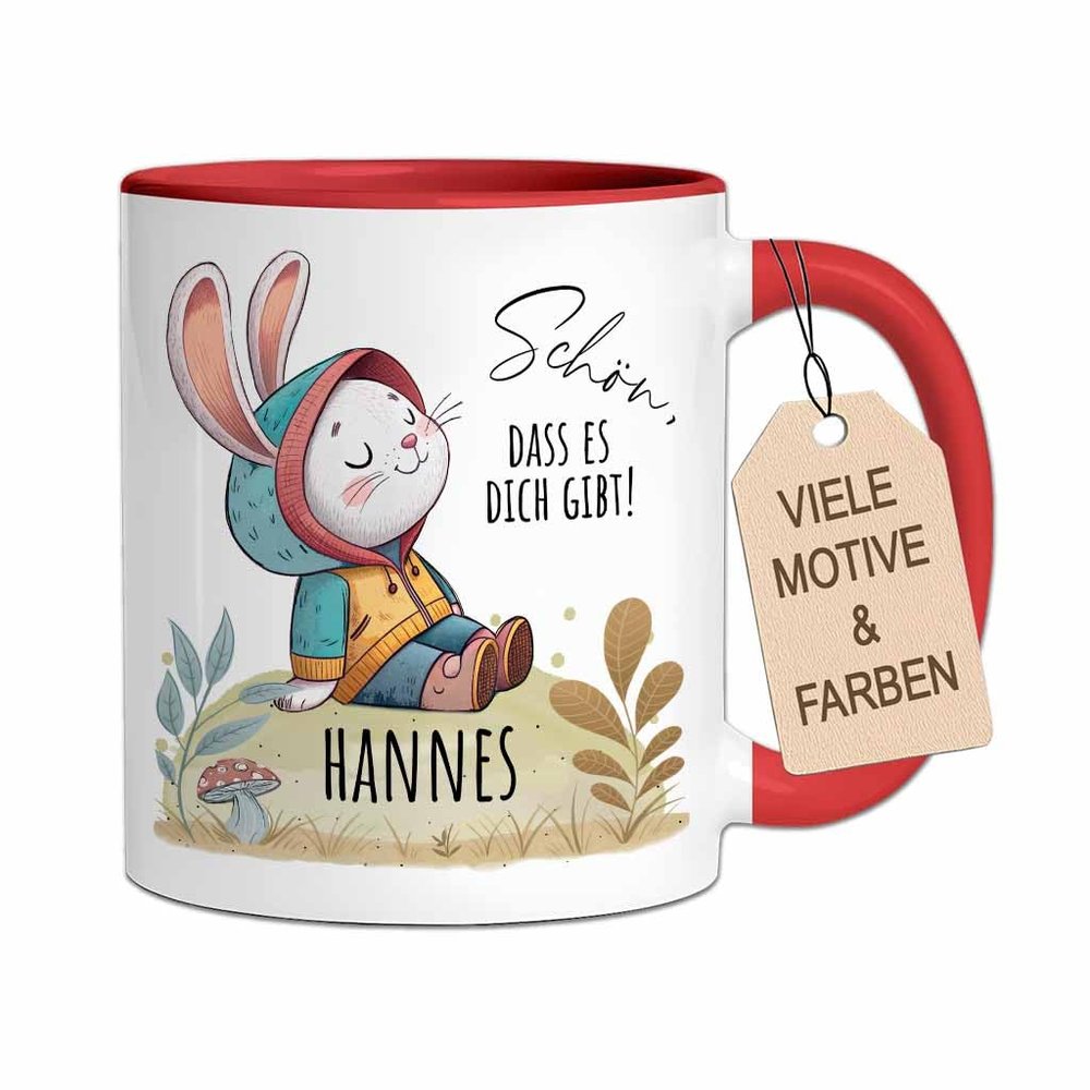 Personalized Kids' Ceramic Mug with Name, Retro Rabbit Design, Red