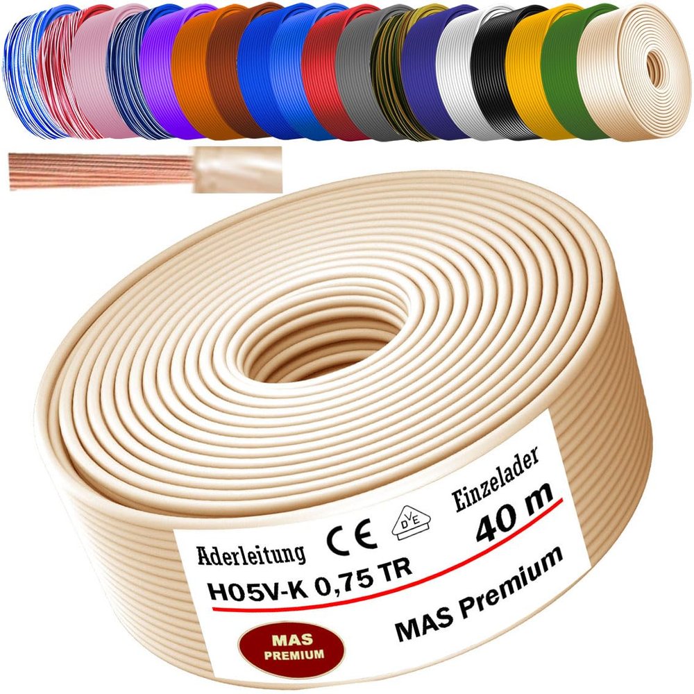MAS Premium H05 V-K 0.75 mm² Flexible Single-Core Wire, 5–100 m (Transparent, 40 m)