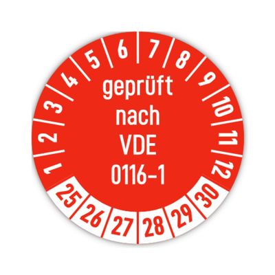 Stickers: 30 mm, 15 pcs., red, multi-year inspection label, 2025–2030