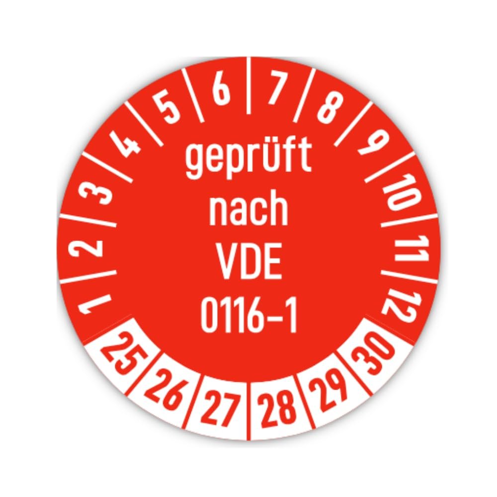 Stickers: 30 mm, 15 pcs., red, multi-year inspection label, 2025–2030