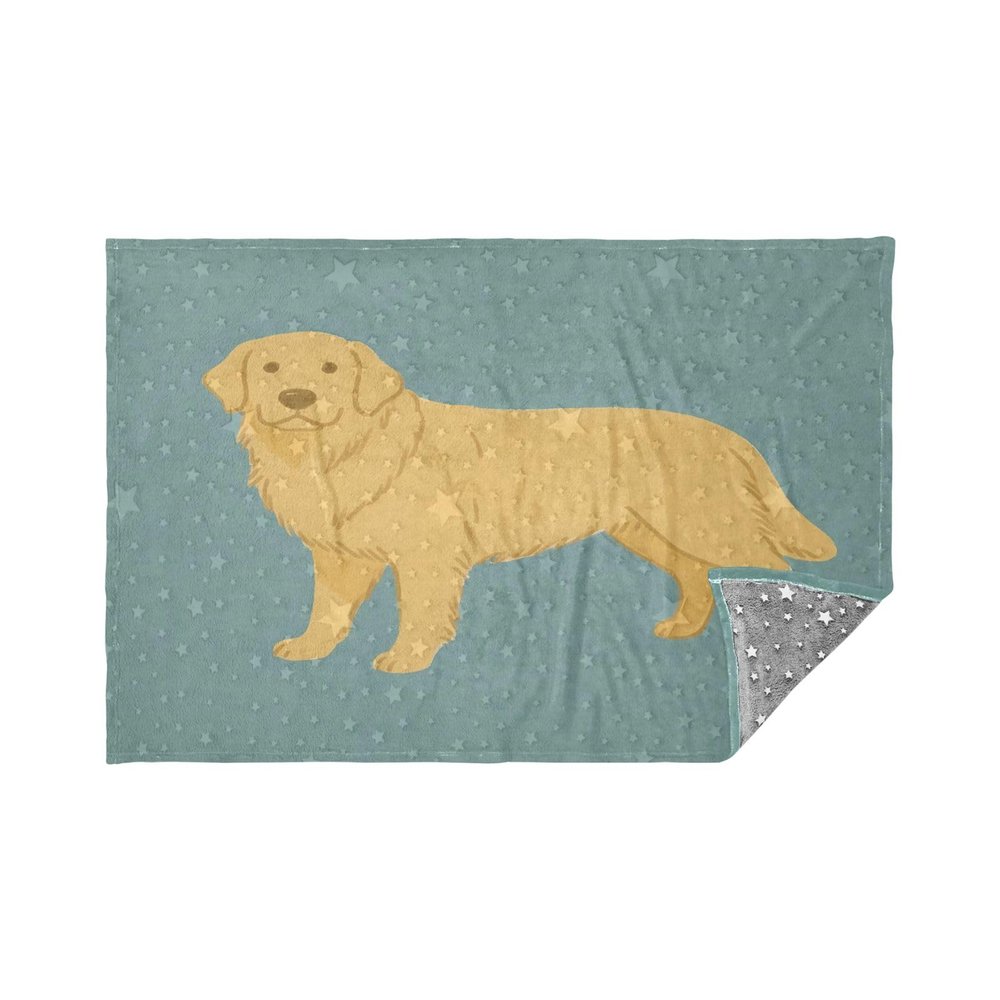 Soft Flannel Travel Blanket, Lightweight, Golden Dog, Teal Blue, Glow-in-the-Dark Stars, 165 x 140 cm