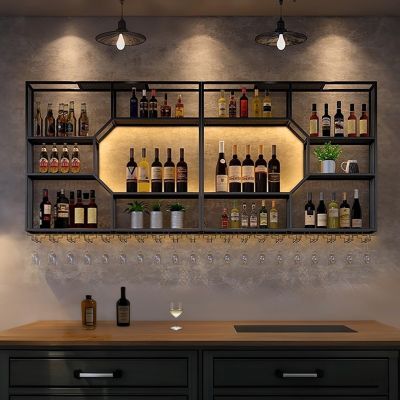 Black Metal Wall-Mounted Wine Rack with Glass Holder, 179.8 cm