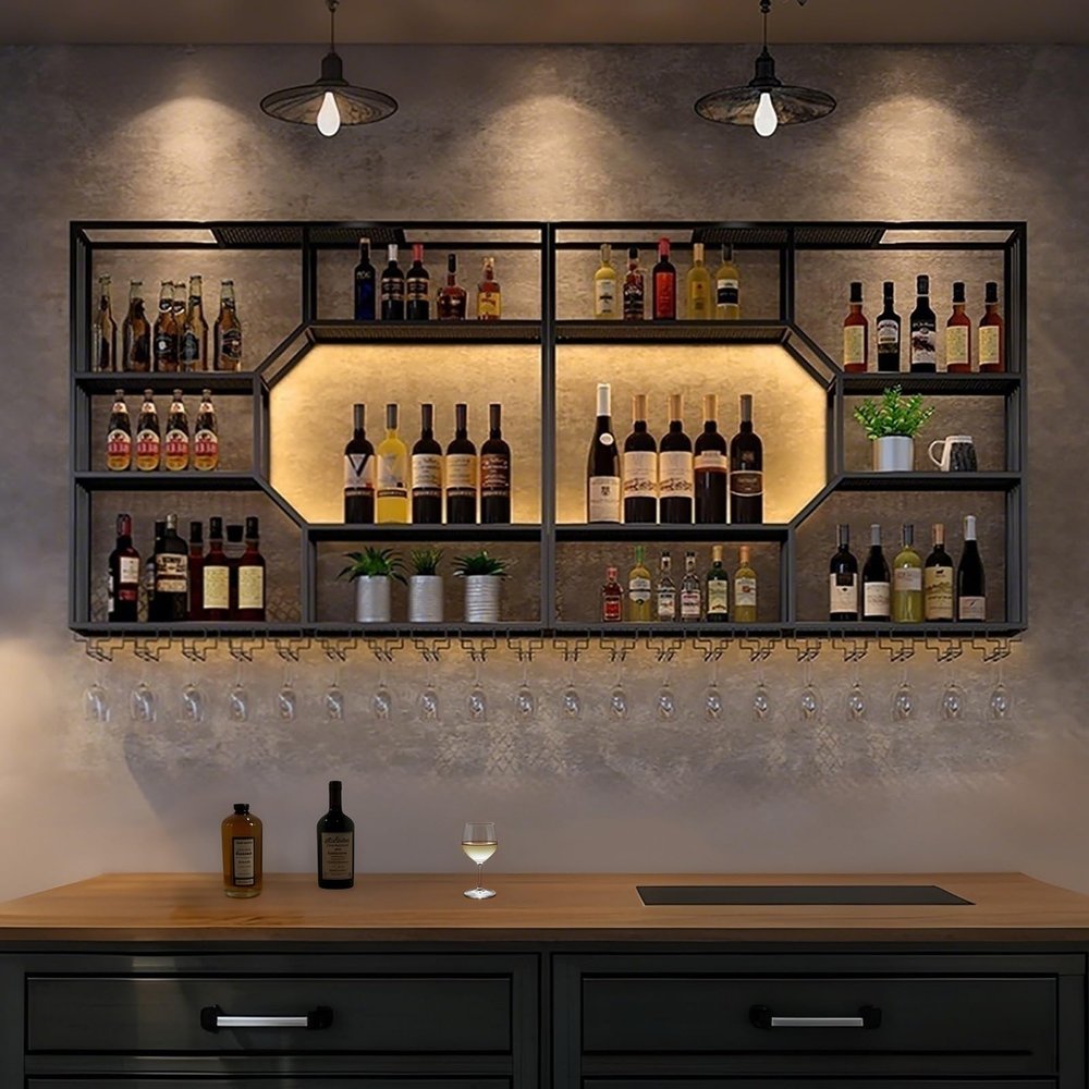 Black Metal Wall-Mounted Wine Rack with Glass Holder, 179.8 cm