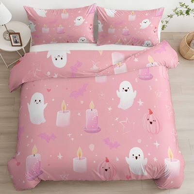Pink Microfiber Duvet Cover Set, 155 x 220 cm + 2 Pillowcases, Cartoon Ghost