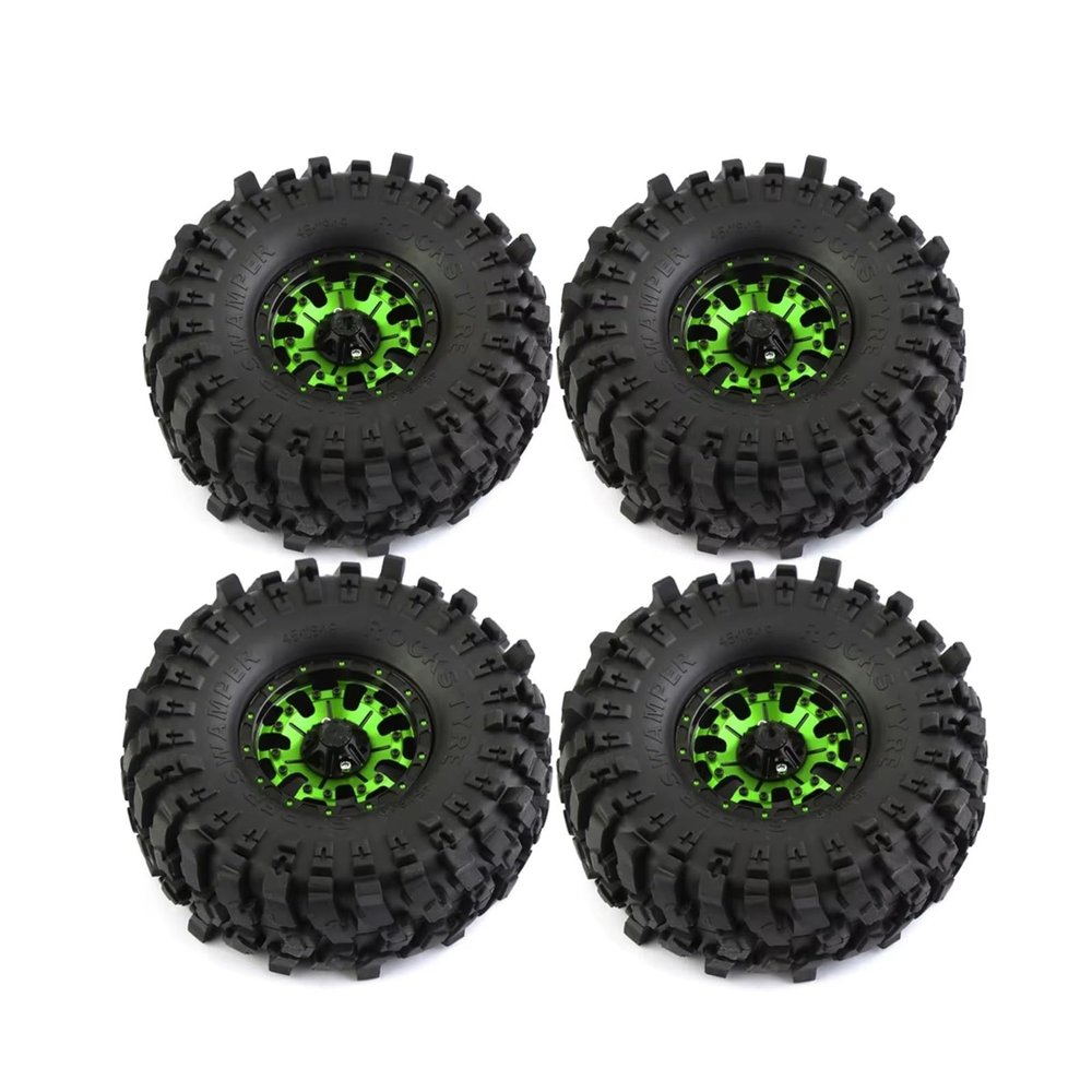4-Piece 1.9 in Green RC Rubber Tires with Metal Beadlock Wheels for TRX-4, Axial Gen8, SCX10 III 90047 and Tamiya CC-01