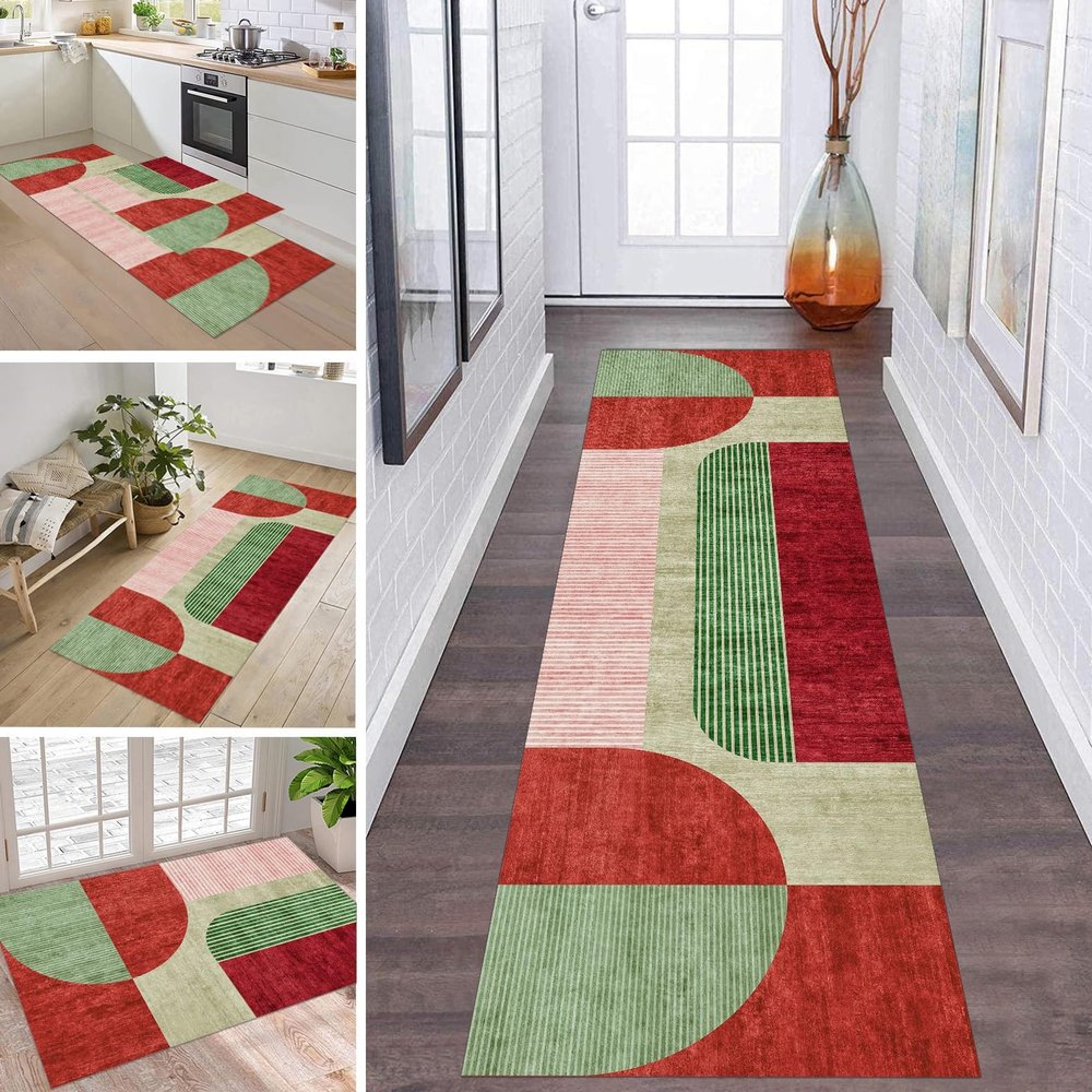 ZDYHMrj Red and Green Non-Slip Washable Runner Rug, 43.3 x 98.4 in