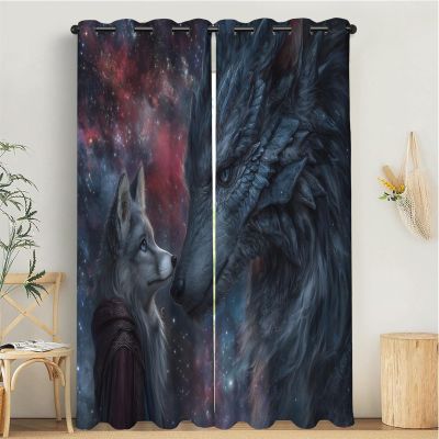MULERN Gray-Red Galaxy Dragon Wolf Blackout Curtains, 2-Piece Set, 137 x 117 cm