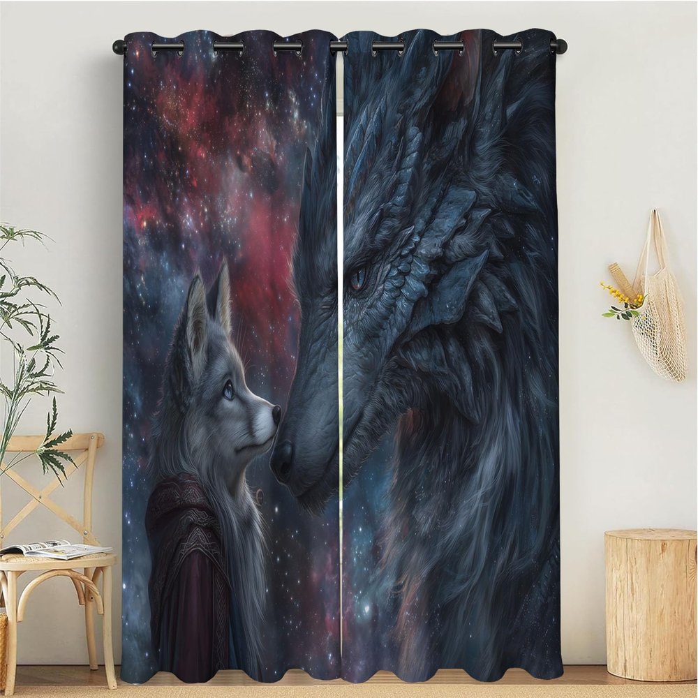 MULERN Gray-Red Galaxy Dragon Wolf Blackout Curtains, 2-Piece Set, 137 x 117 cm