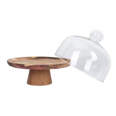 ELAYARD Decorative Dessert Serving Tray with Glass Dome, Natural Wood Design