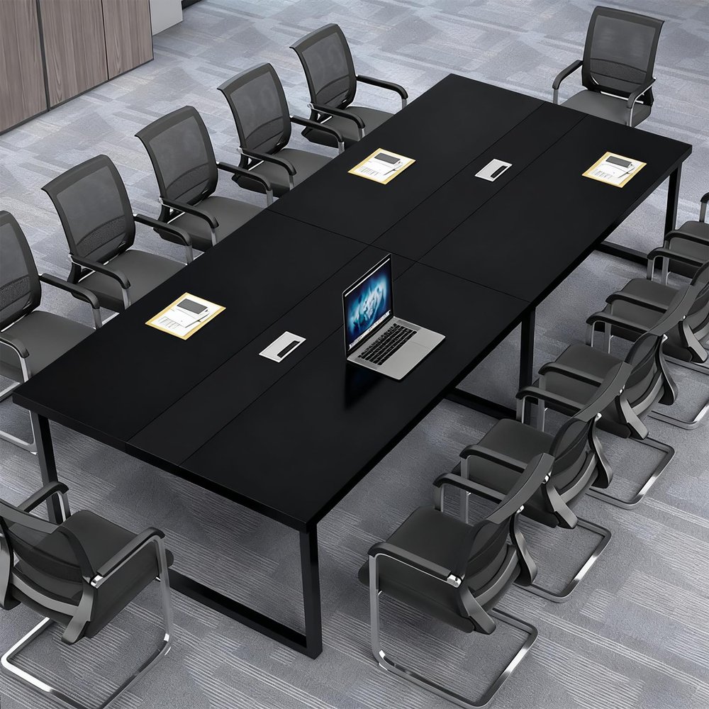 CCUKTFN Large Conference Table with Cable Management and Black Metal Frame for 8–12 People