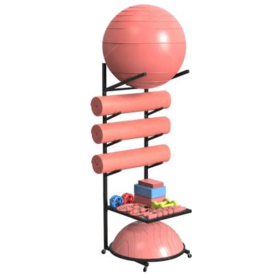 Home Gym Storage Rack - Yoga Mat and Gym Ball Holder, Wheeled Foam Roller Stand, Fitness Equipment Organizer