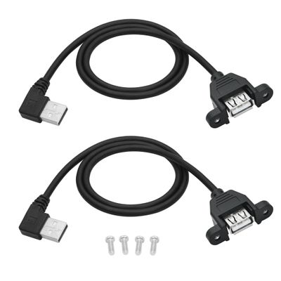 2-Pack 90-Degree USB-A Panel-Mount Extension Cables, 2 ft, USB 2.0 Type-A Male to Type-A Female with Mounting Ears, 5V/2A, Charging and Data Transfer, with Screws (Left-Angle)