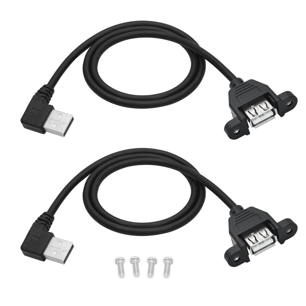 2-Pack 90-Degree USB-A Panel-Mount Extension Cables, 2 ft, USB 2.0 Type-A Male to Type-A Female with Mounting Ears, 5V/2A, Charging and Data Transfer, with Screws (Left-Angle)