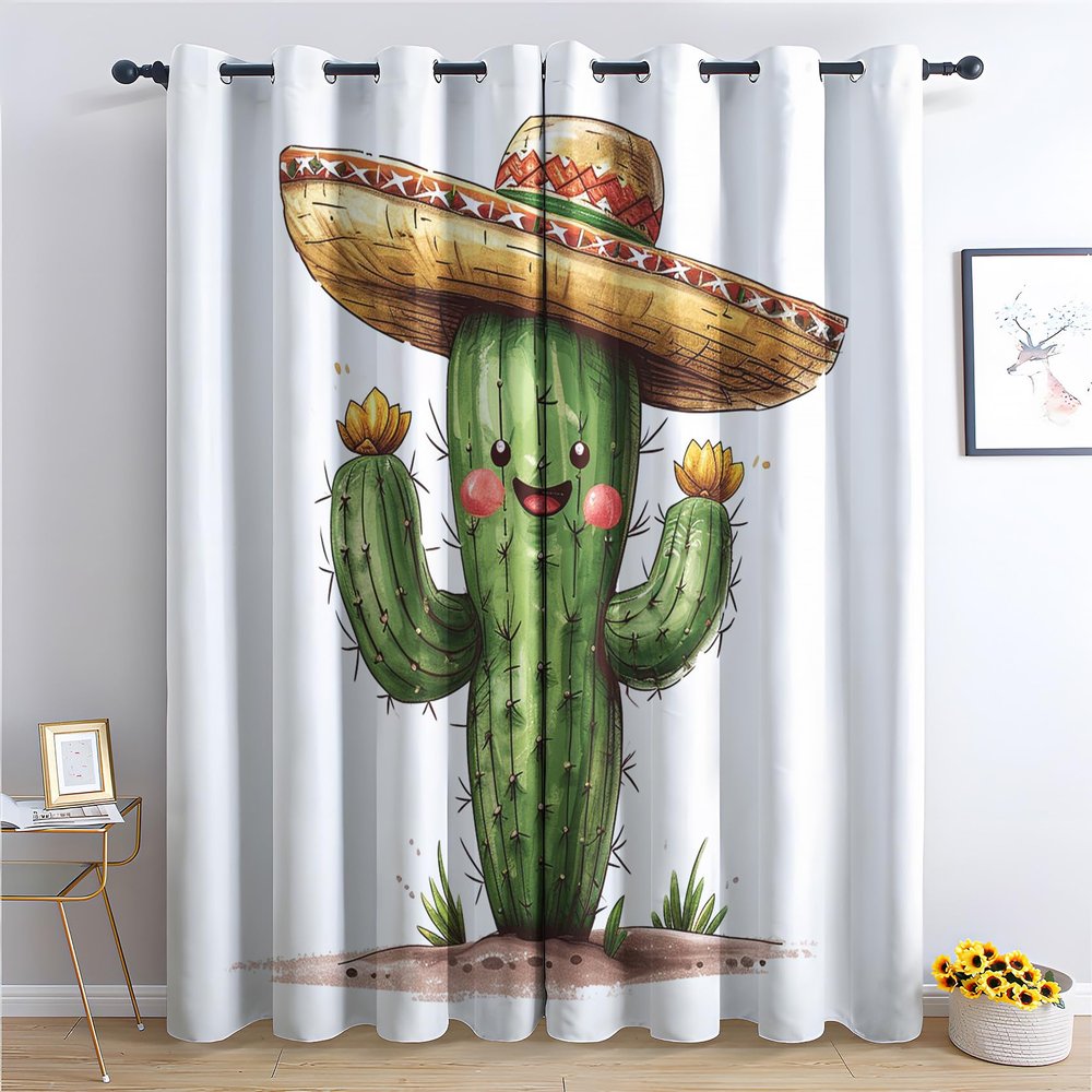 Cactus Blackout Curtains for Kids, Mexican Tropical Plants, 2-Piece Set, 66 x 30 in