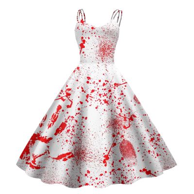 Women's Halloween Horror Bride Costume with Blood Print, Sleeveless White Zombie Dress, S-XXL