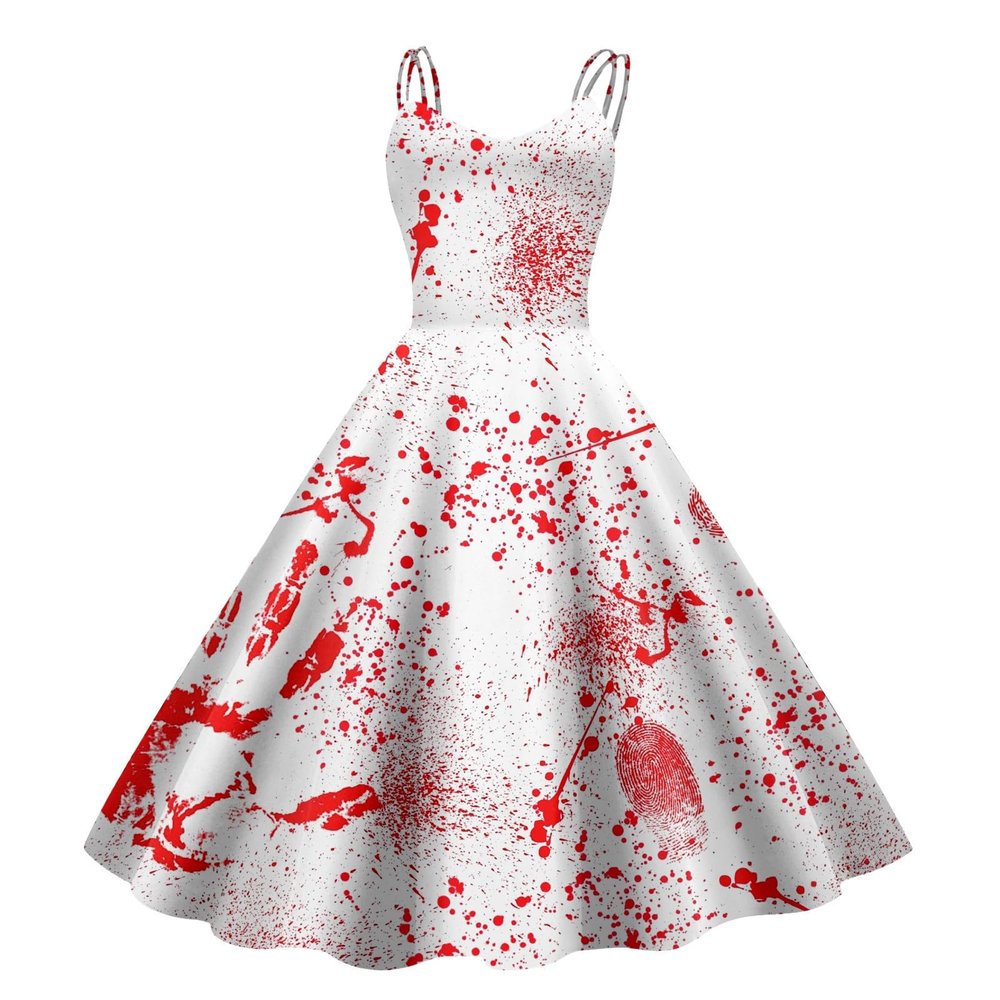 Women's Halloween Horror Bride Costume with Blood Print, Sleeveless White Zombie Dress, S-XXL