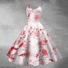 Women's Halloween Horror Bride Costume with Blood Print, Sleeveless White Zombie Dress, S-XXL view 2