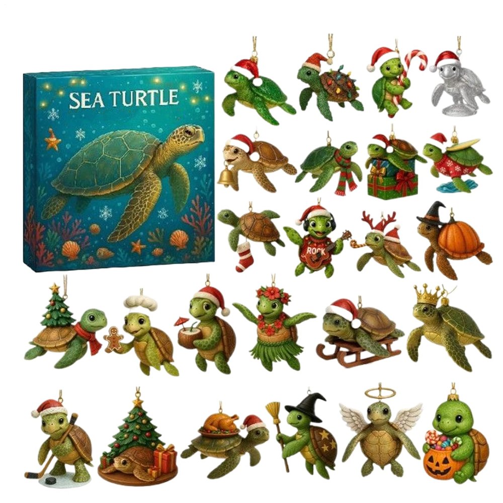 2025 Sea Turtle Advent Calendar, 24-Day Christmas Countdown with 2D Acrylic Turtle Ornament for Car, Rearview Mirror, Wall and Door Decor