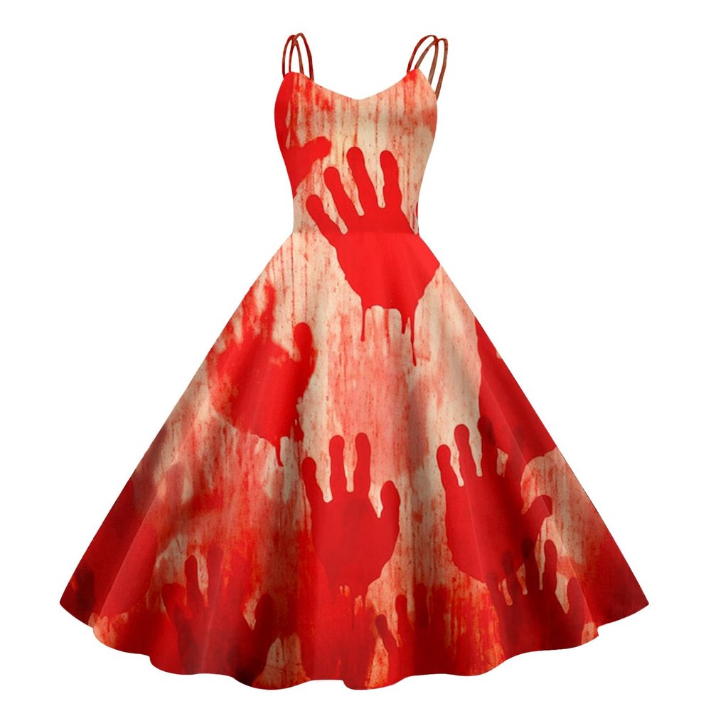 Women's Horror Bride Halloween Costume Dress with Bloody Zombie Print