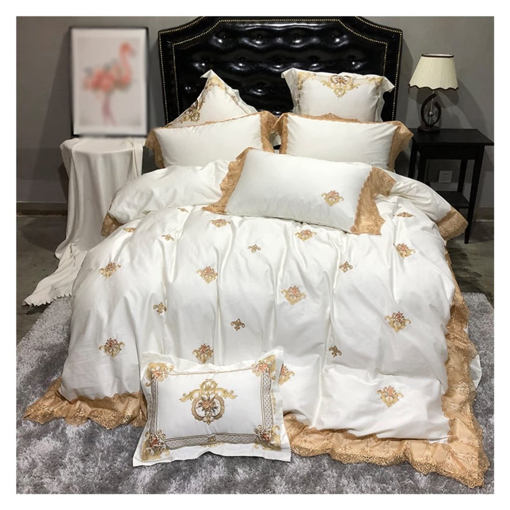 4-Piece Cotton Embroidered Lace Bedding Set, White