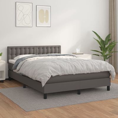 Amorsee Box Spring Bed 55 x 75 in with Mattress, Topper & Headboard, Faux Leather, Gray