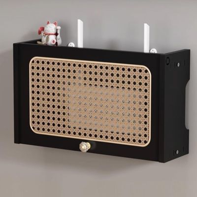 NKSTRWR Rattan Wood Router Shelf, Wall-Mounted Wi-Fi Storage Box, Power Strip Cover, Router Cabinet for Office and Home (Black, L40 cm/15.7 in)