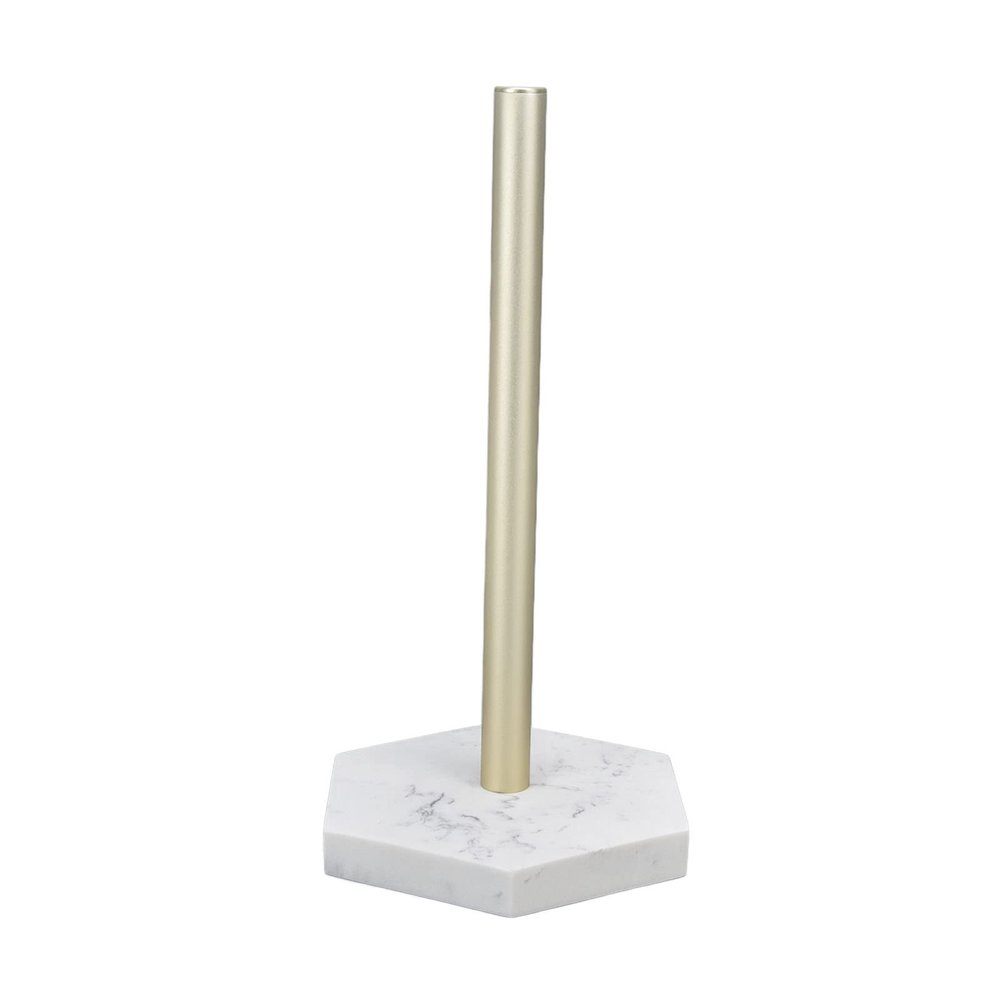 Paper Towel Holder Stand, Modern Multifunctional Kitchen Roll Holder for Office, Kitchen and Bathroom, Faux Marble Base, Gold Aluminum Rod, 30 cm