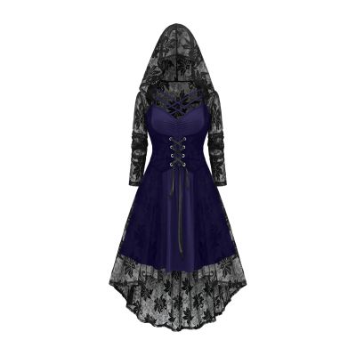 Women's Gothic Halloween Costume Dress with Lace Trim and Hood