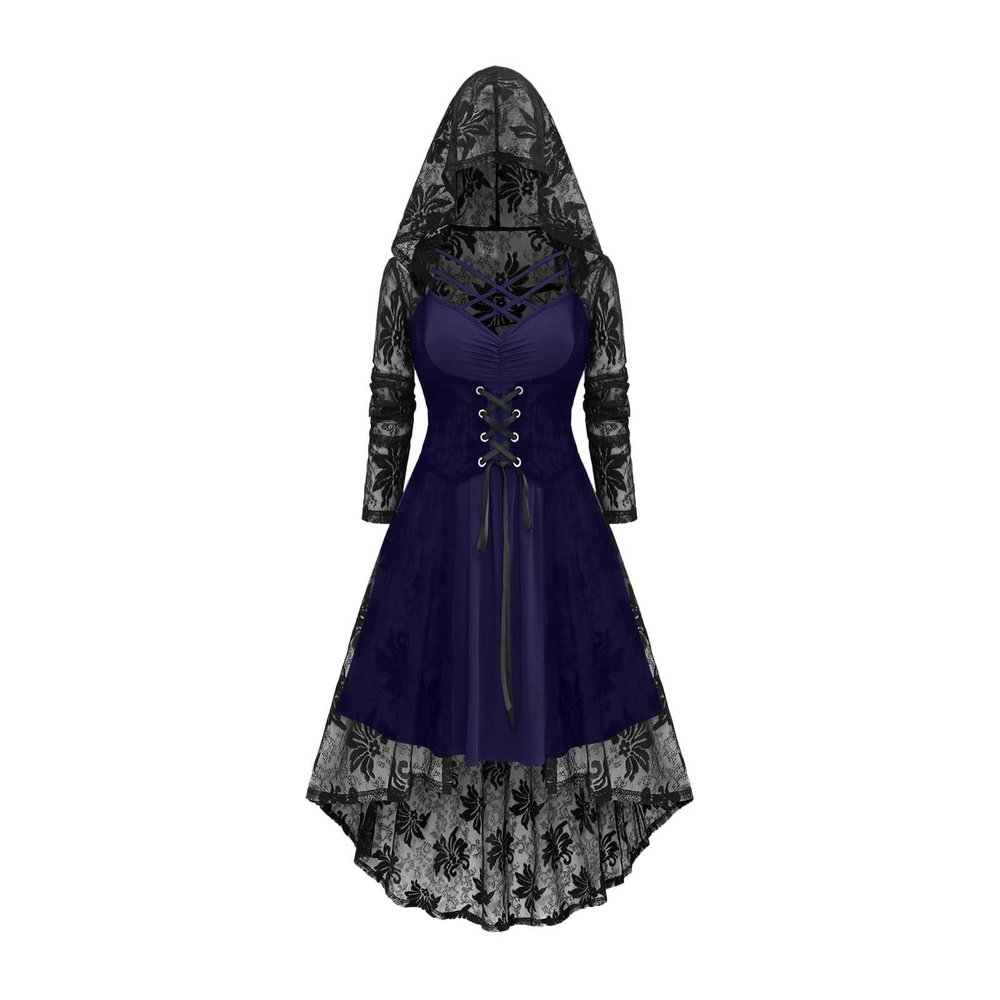 Women's Gothic Halloween Costume Dress with Lace Trim and Hood