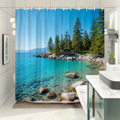 UUDIHO Blue Lake Shower Curtain Set, Polyester, 12 Hooks, 135 x 190 cm