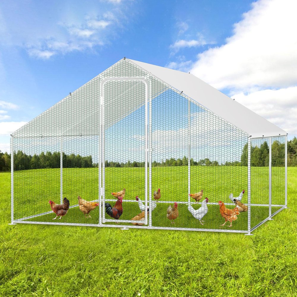 Fogmiea Chicken Coop Run, Galvanized Steel Rabbit Run with Pitched Roof, Lock and Waterproof PE Cover, 3 x 3 x 2 m
