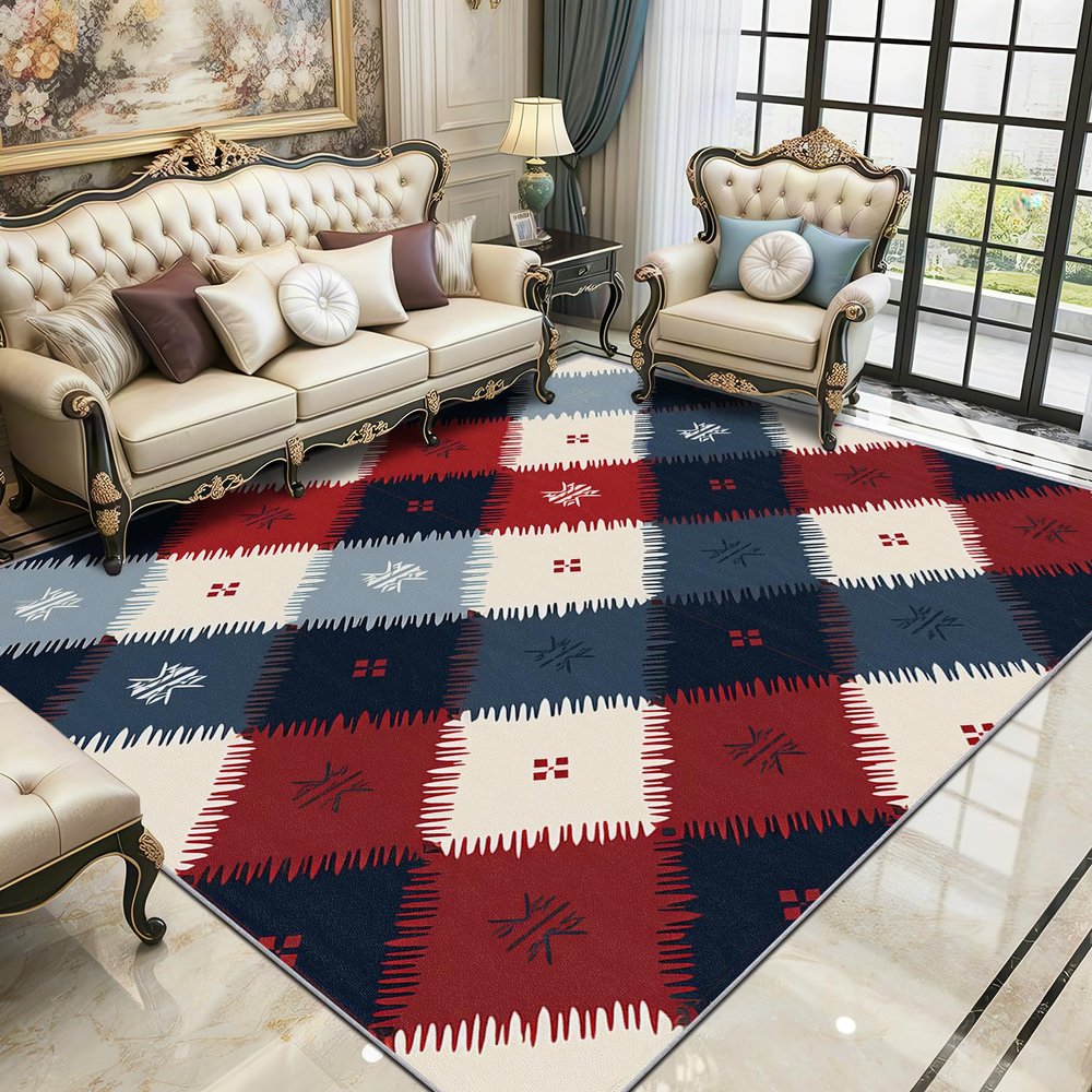 TerroVee Geometric Washable Rug, Southwestern Tribal Diamond, 80 x 150 cm, Red White Blue