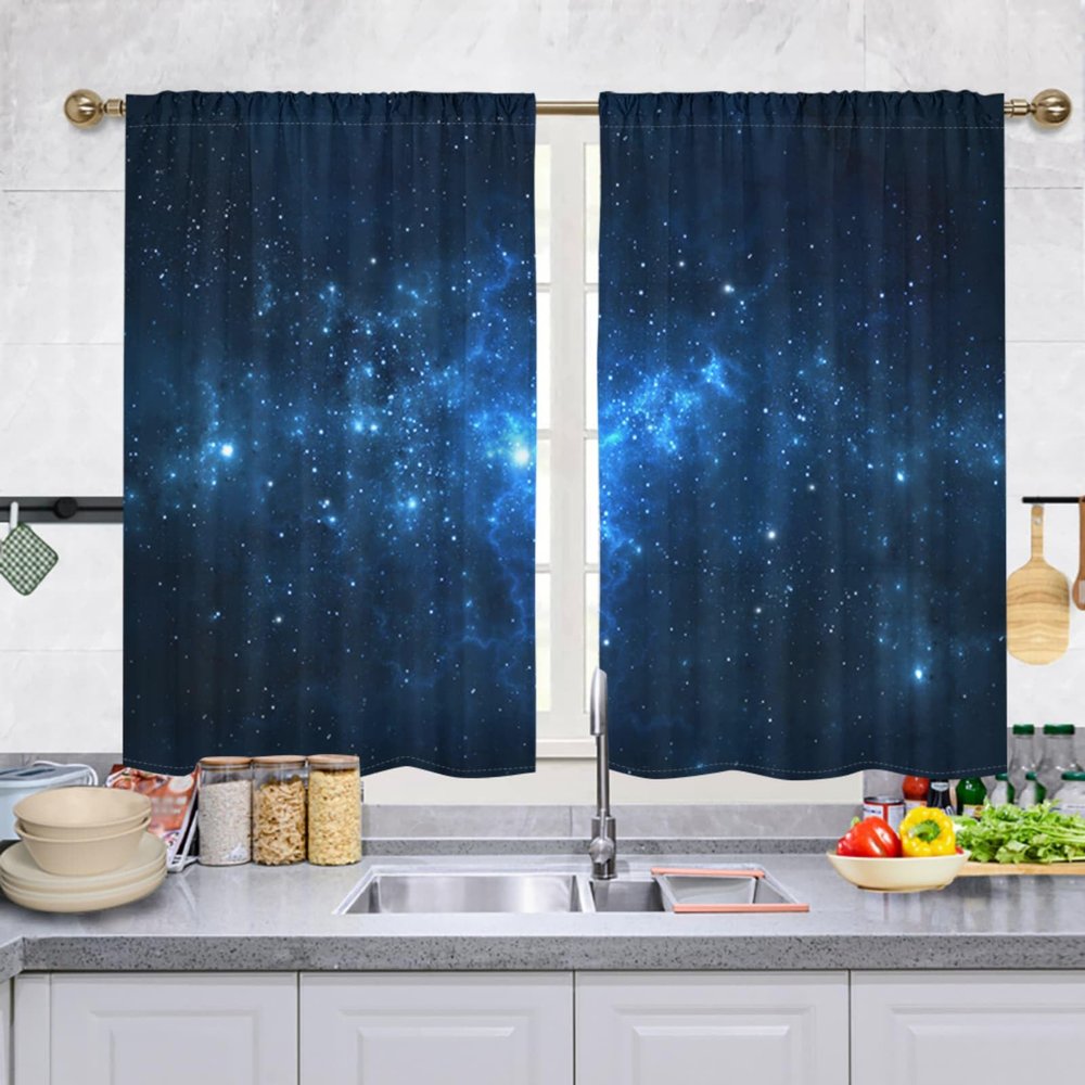 Odot 2-Pack Short Kitchen Cafe Curtains, Blue Galaxy, 24 x 24 in