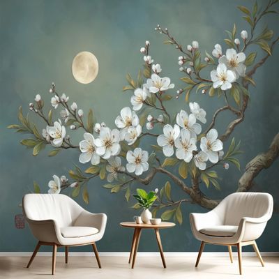 Rose Branch Wall Mural 400 x 280 cm, White and Green 3D Wallpaper