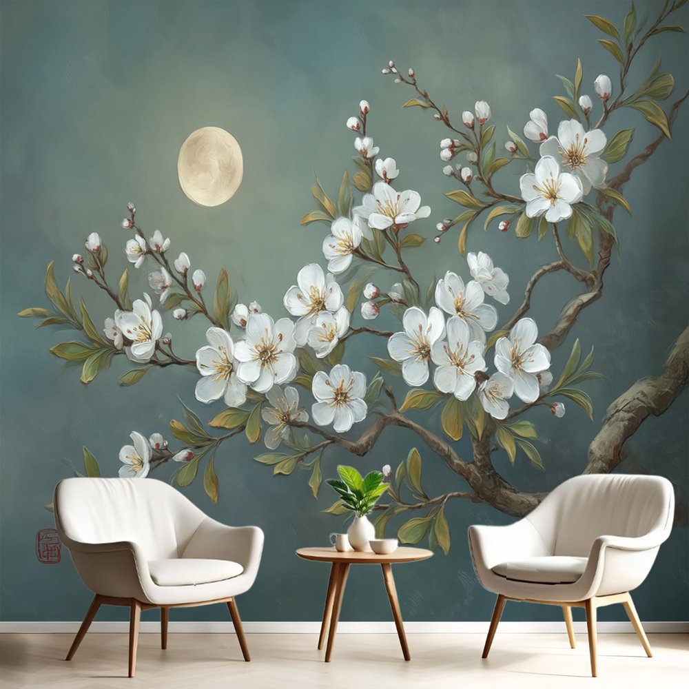 Rose Branch Wall Mural 400 x 280 cm, White and Green 3D Wallpaper