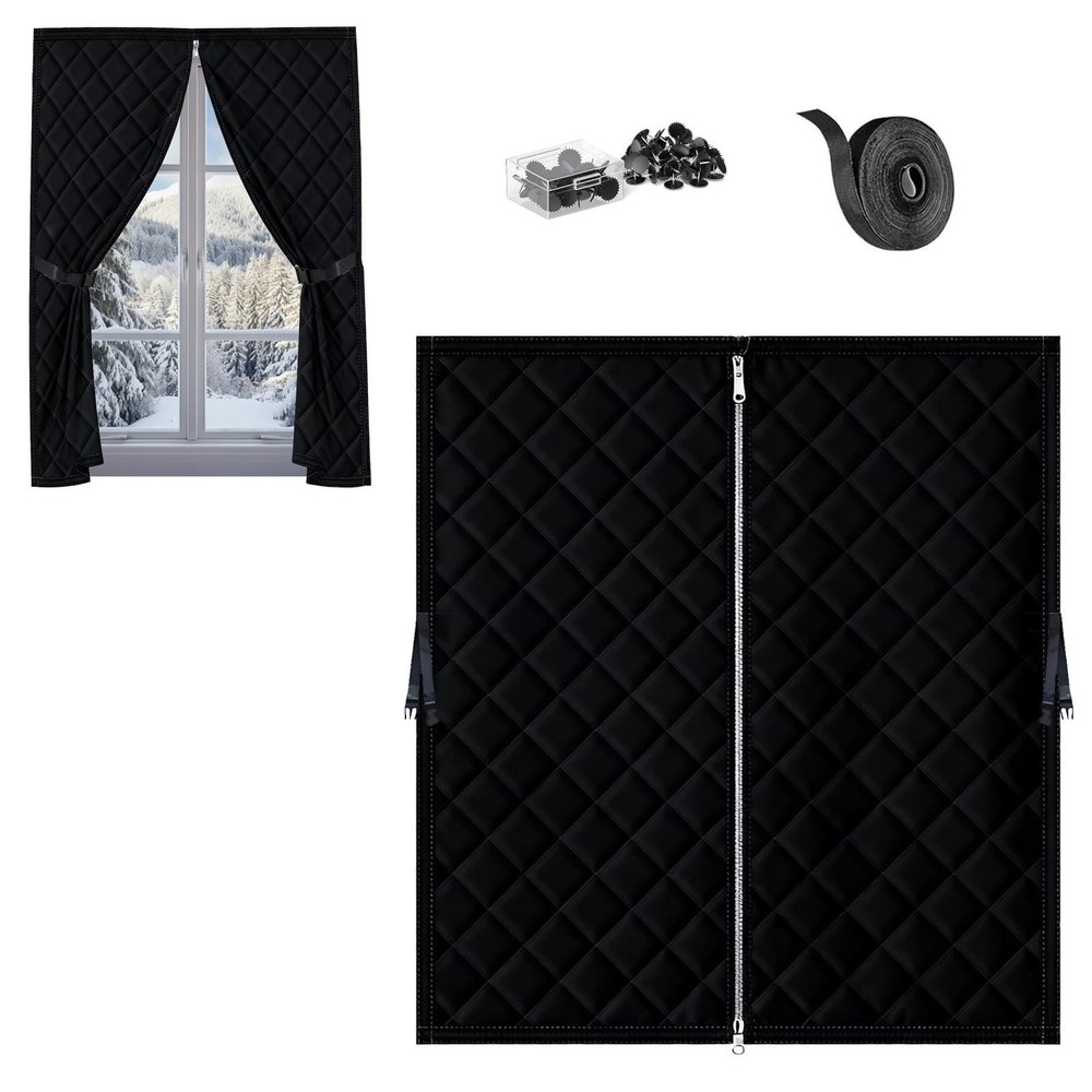 Window Insulating Curtain with Zipper and Hook-and-Loop Closure, Black, 100 x 220 cm