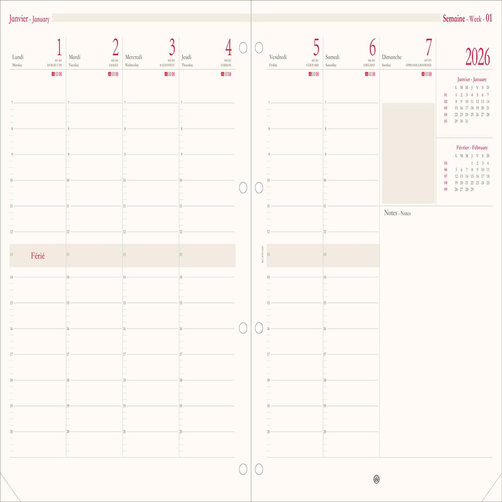 OBERTHUR – Appointment Planner Refill, Weekly Calendar, January 30, 2026–December 2026, 21 x 29.7 cm, Bilingual