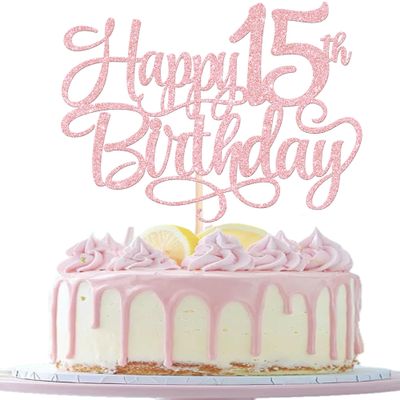 Xsstarmi 15th Birthday Cake Topper, Pink Happy 15th Birthday Decoration