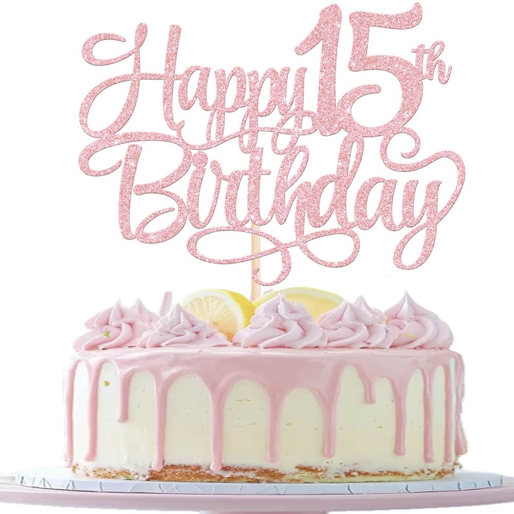 Xsstarmi 15th Birthday Cake Topper, Pink Happy 15th Birthday Decoration