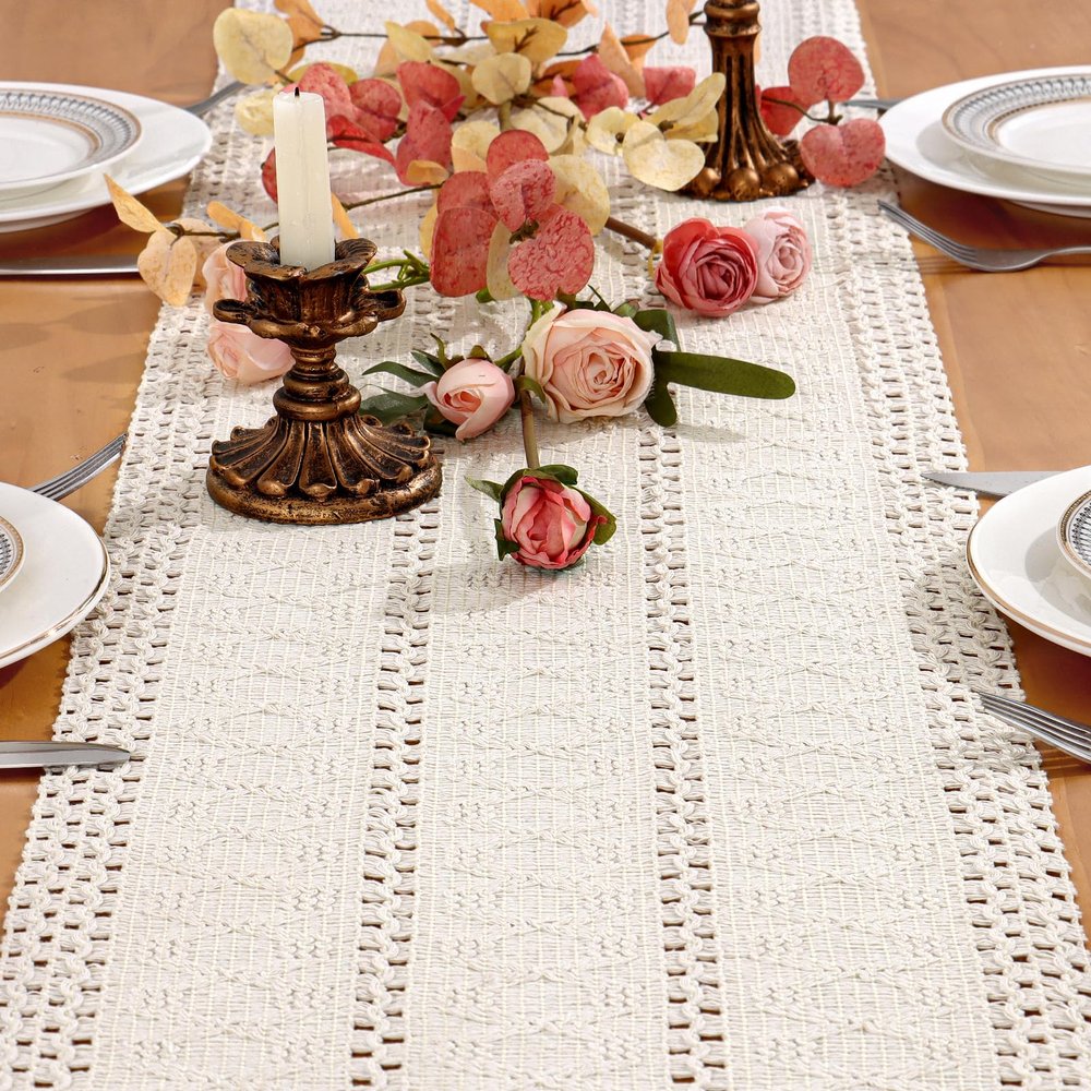 Boho Farmhouse Macramé Table Runner, White, 30 x 180 cm