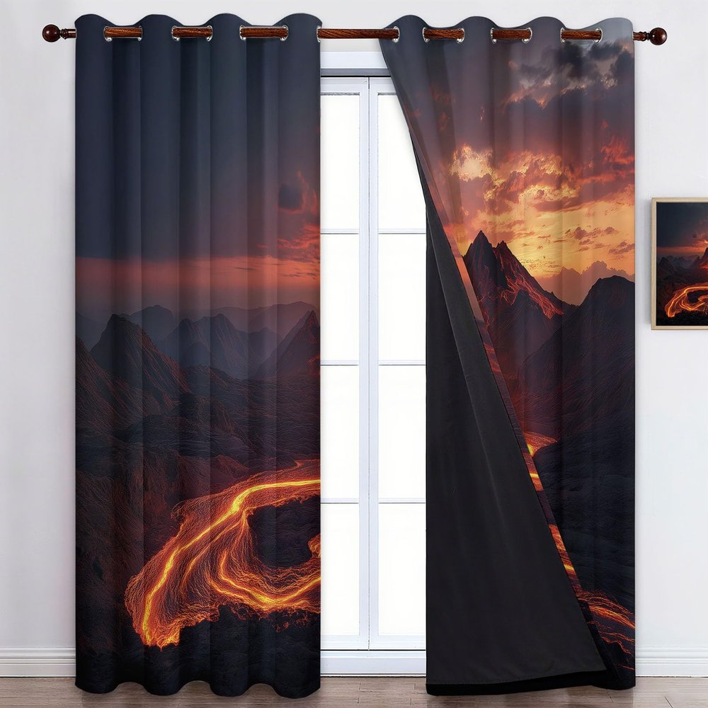 Blackout Curtains 215 x 110 cm (H x W), Dark Red Volcano Lava Design, 2-Piece Set