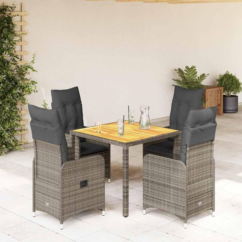 Teenpull 5-Piece Garden Bistro Set with Cushions, Gray Poly Rattan, Adjustable Chairs & Table, Acacia Wood Tabletop