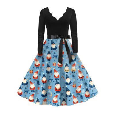 Formal Women's Christmas Dress, Cocktail V-Neck A-Line, Elegant Long-Sleeve Santa Costume, Warm Nordic Sweater Dress, Blue 4XL