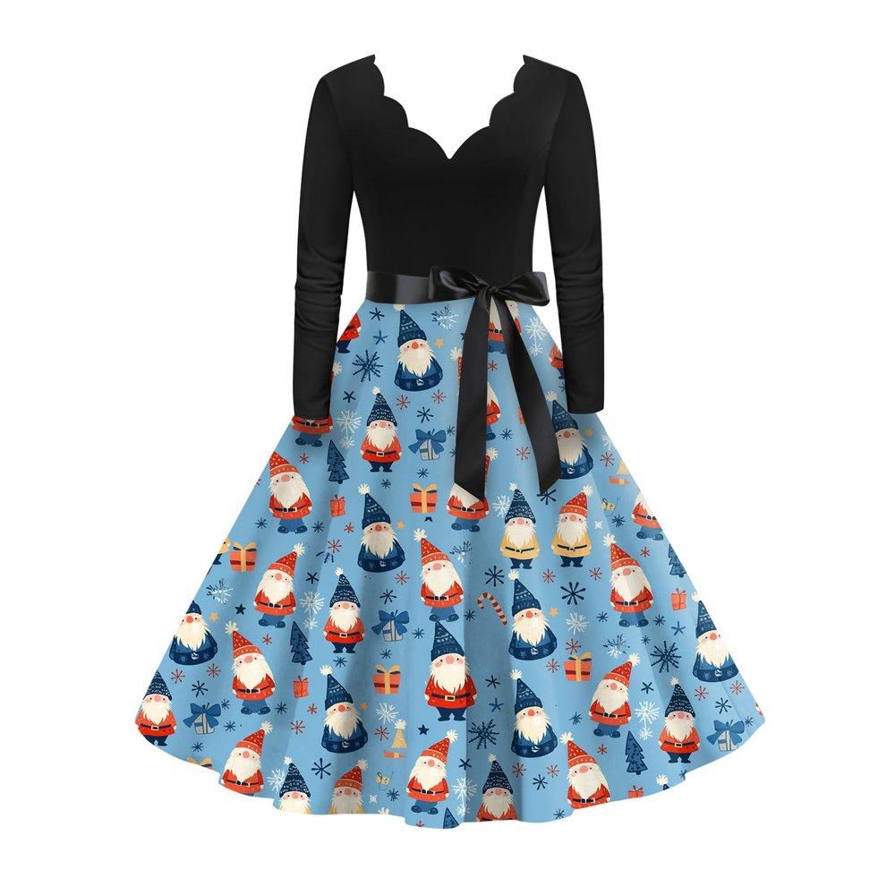 Formal Women's Christmas Dress, Cocktail V-Neck A-Line, Elegant Long-Sleeve Santa Costume, Warm Nordic Sweater Dress, Blue 4XL