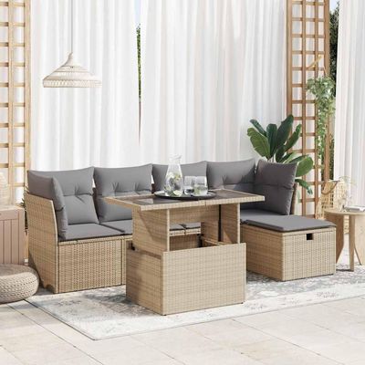 Teenpull 6-Piece Beige PE Rattan Outdoor Sofa Set with Storage