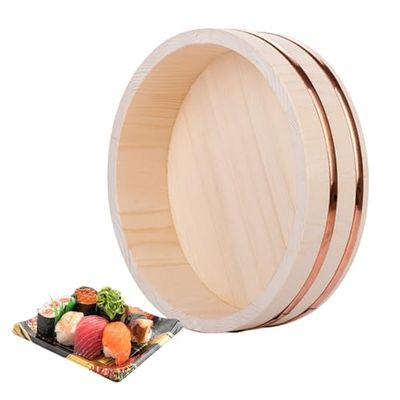 Japanese Wooden Sushi Rice Bowl, 48 x 12 cm, with Copper Bands